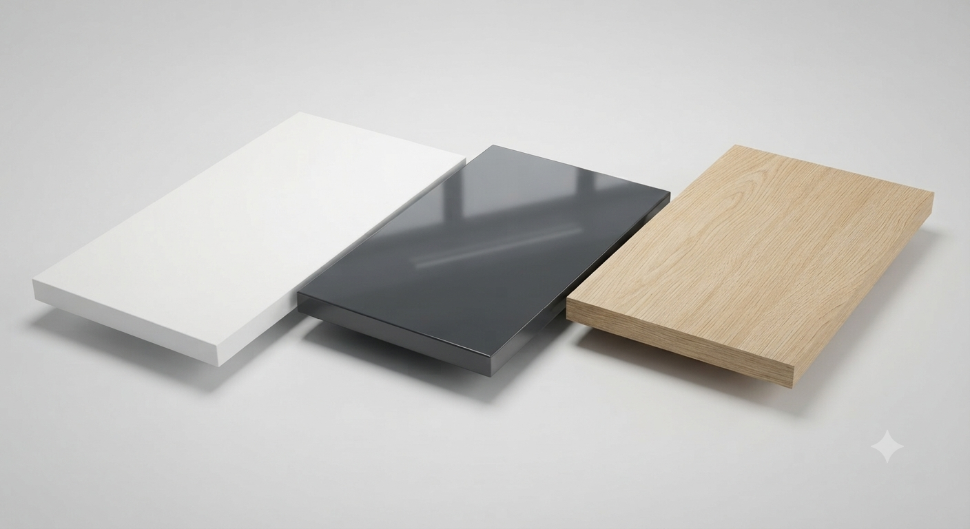 Drei Melamin-Materialplatten nebeneinander: matt-weiß, glänzend dunkelgrau und in Holzoptik