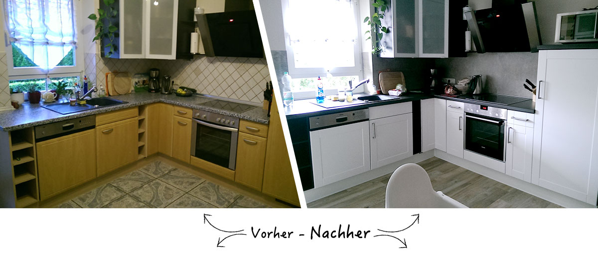 Vorher-Nachher-Ansicht einer von Falk Küchenservice renovierten Küche mit neuen Fronten
